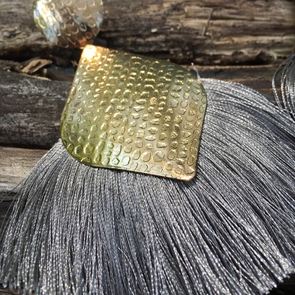 Big Beautiful Grey & Gold Tassel Earrings - Picture 3 of 5